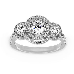 TWO by London Three Stone Round Diamond Double Diamond Halo Engagement Ring
